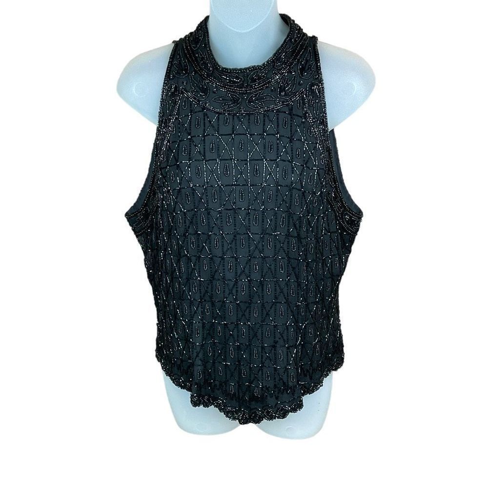 Papell Boutique Evening Halter Top Black Beaded Zipper Back 3 Clasp Closure XL